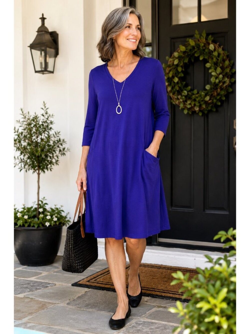 Eileen Fisher V Neck A Line Dress Large Blue Violet Tencel Stretch NWT Pockets